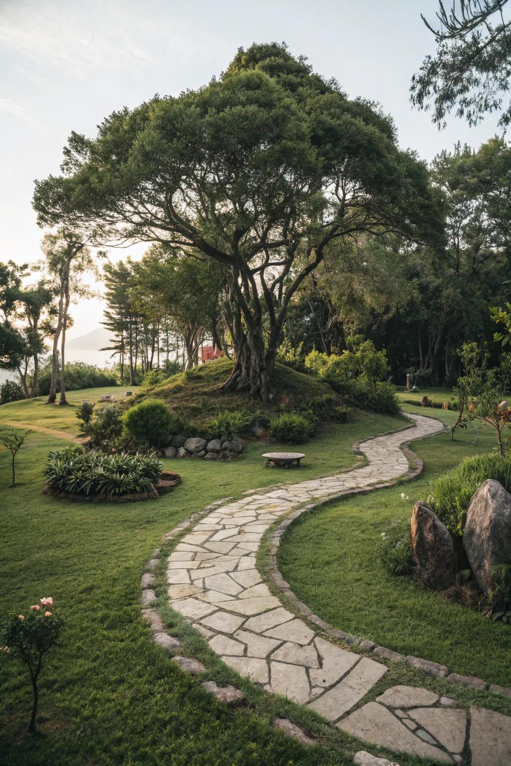 A winding path invites exploration in your tree island.