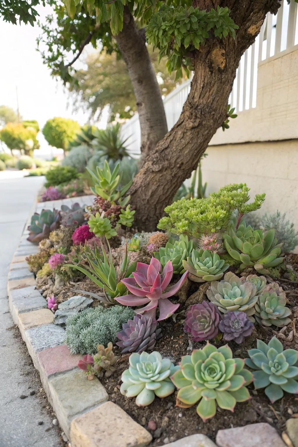 Succulent gardens offer a unique and colorful look around trees.