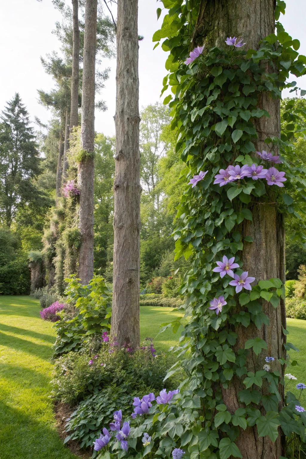 Add whimsy with climbing plants on trees.