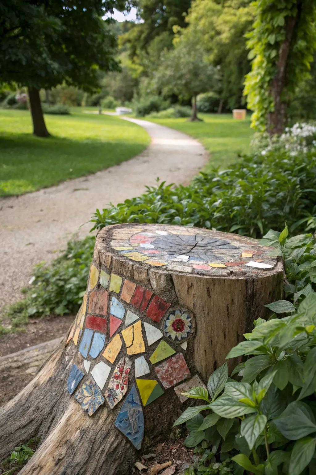 A tree stump transformed into an artistic canvas with mosaic tiles.