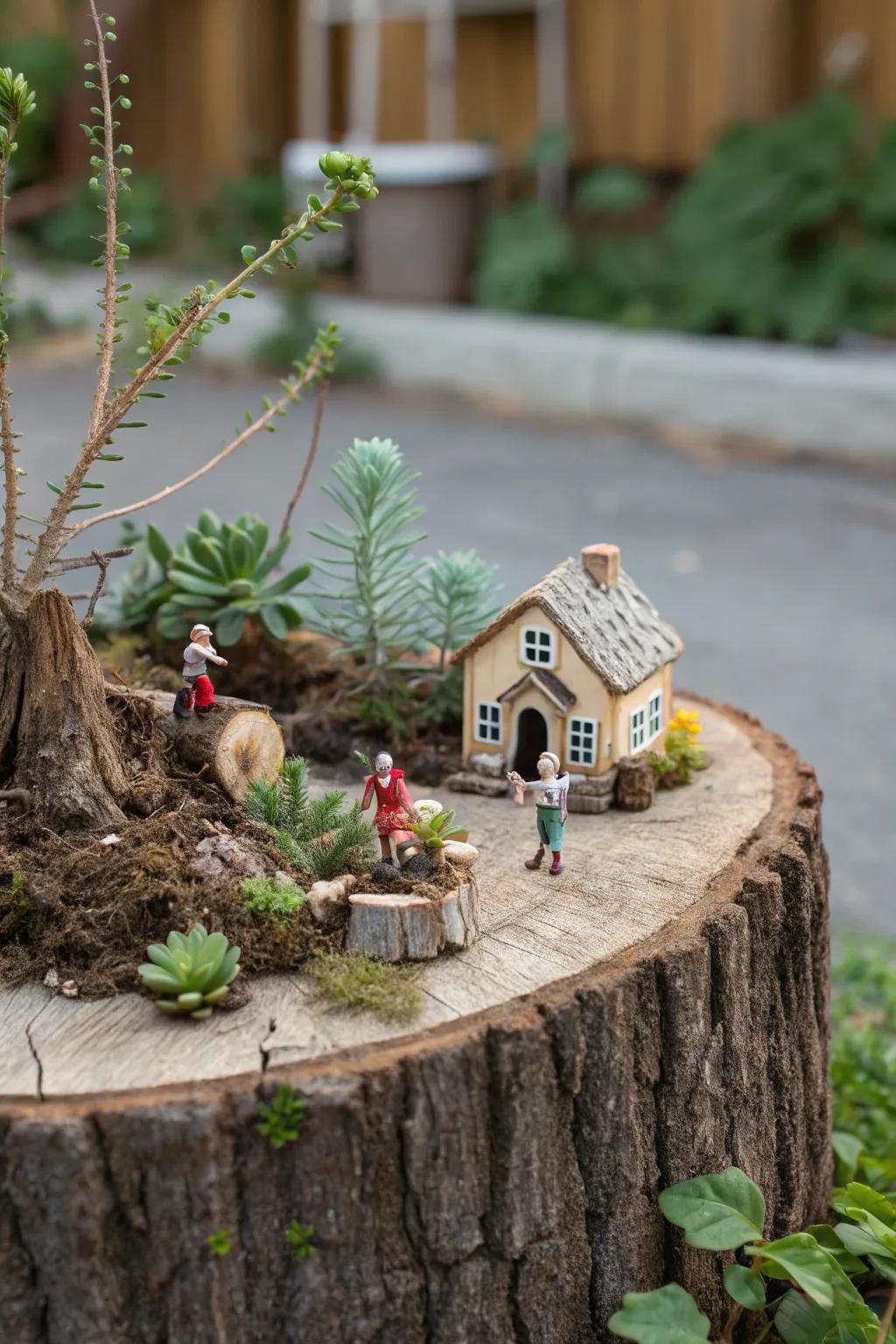 A whimsical miniature village on your tree stump.