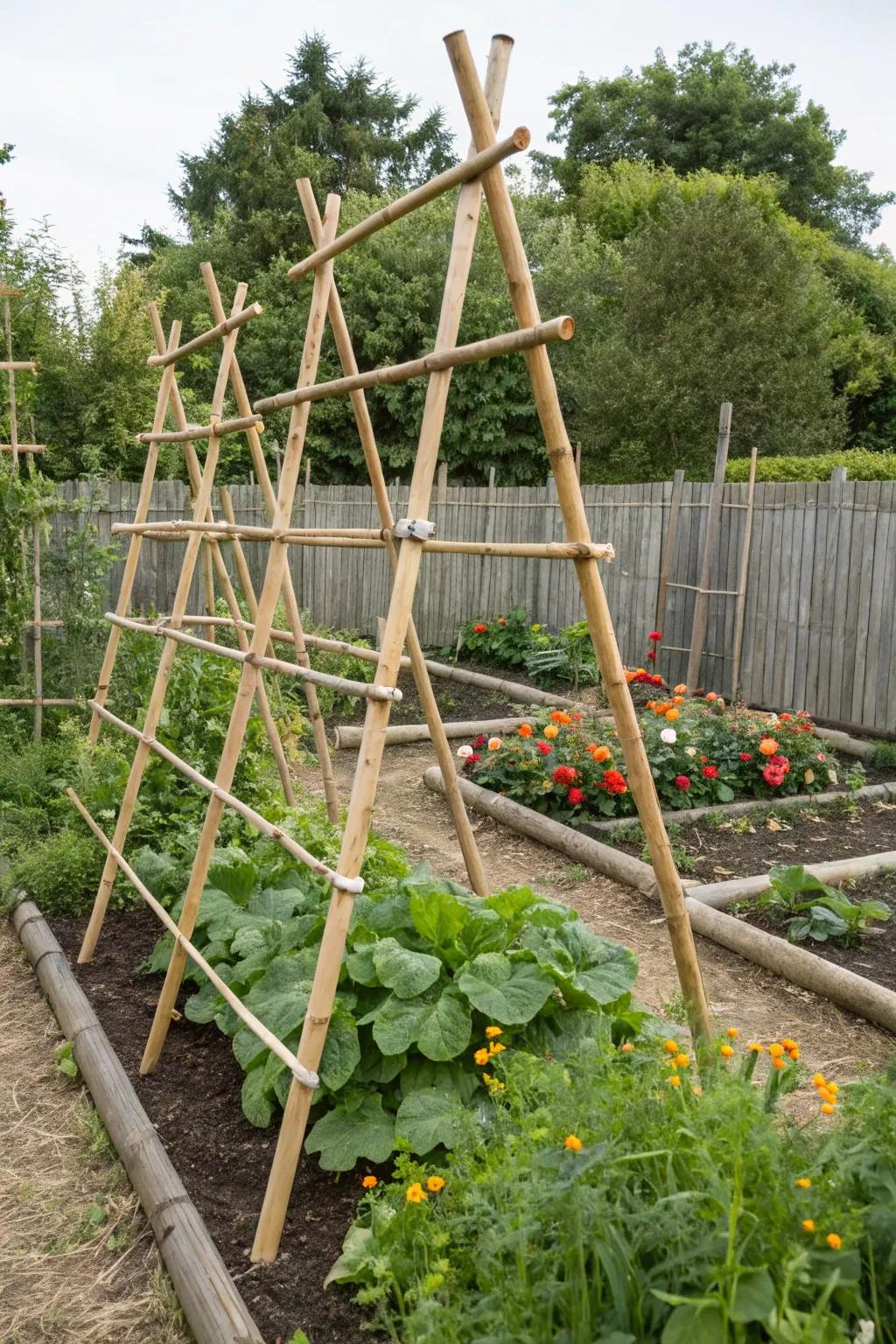 A DIY bamboo trellis providing support in a vegetable garden.