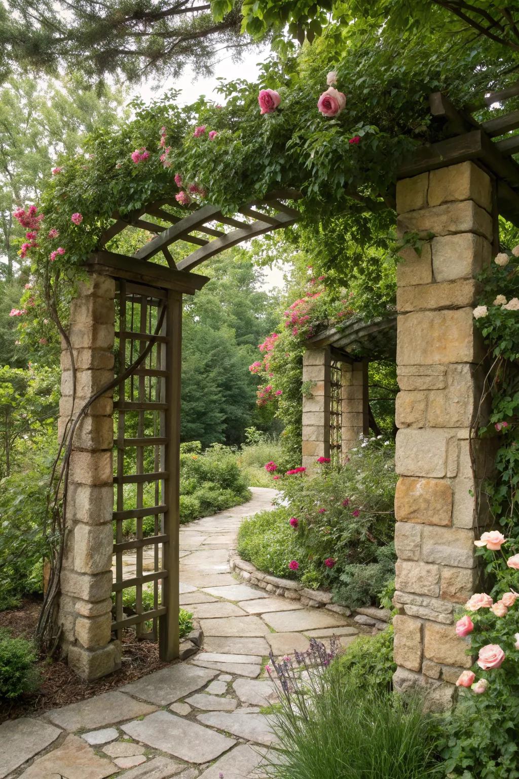 A trellis gate beautifully complemented by natural stone accents.