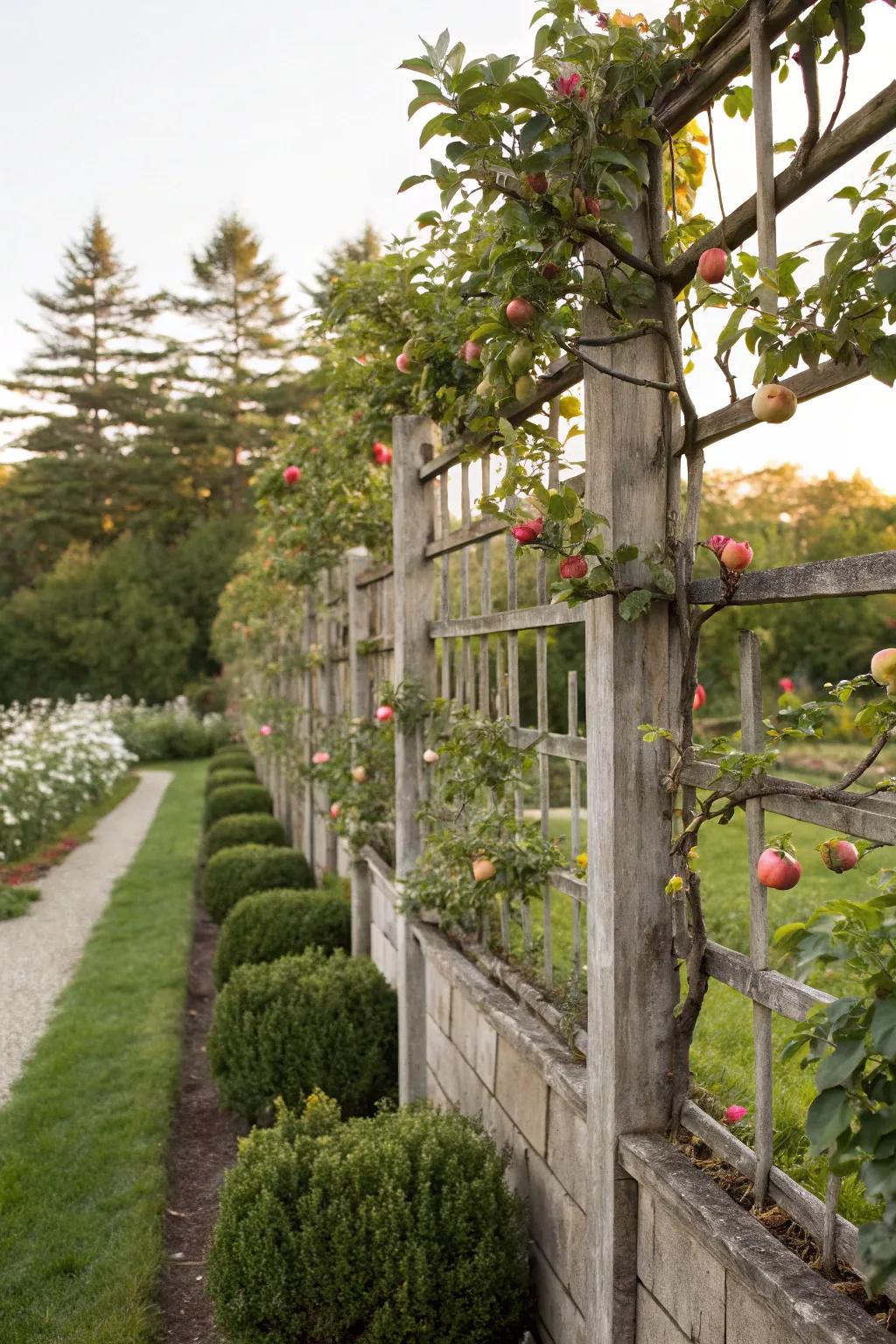 Espaliered fruit trees on a trellis provide beauty and harvest.