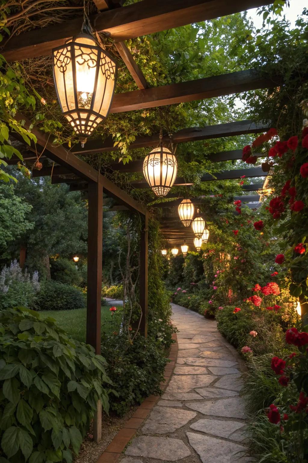 A trellis with hanging lanterns casts a warm, inviting glow in a garden setting.