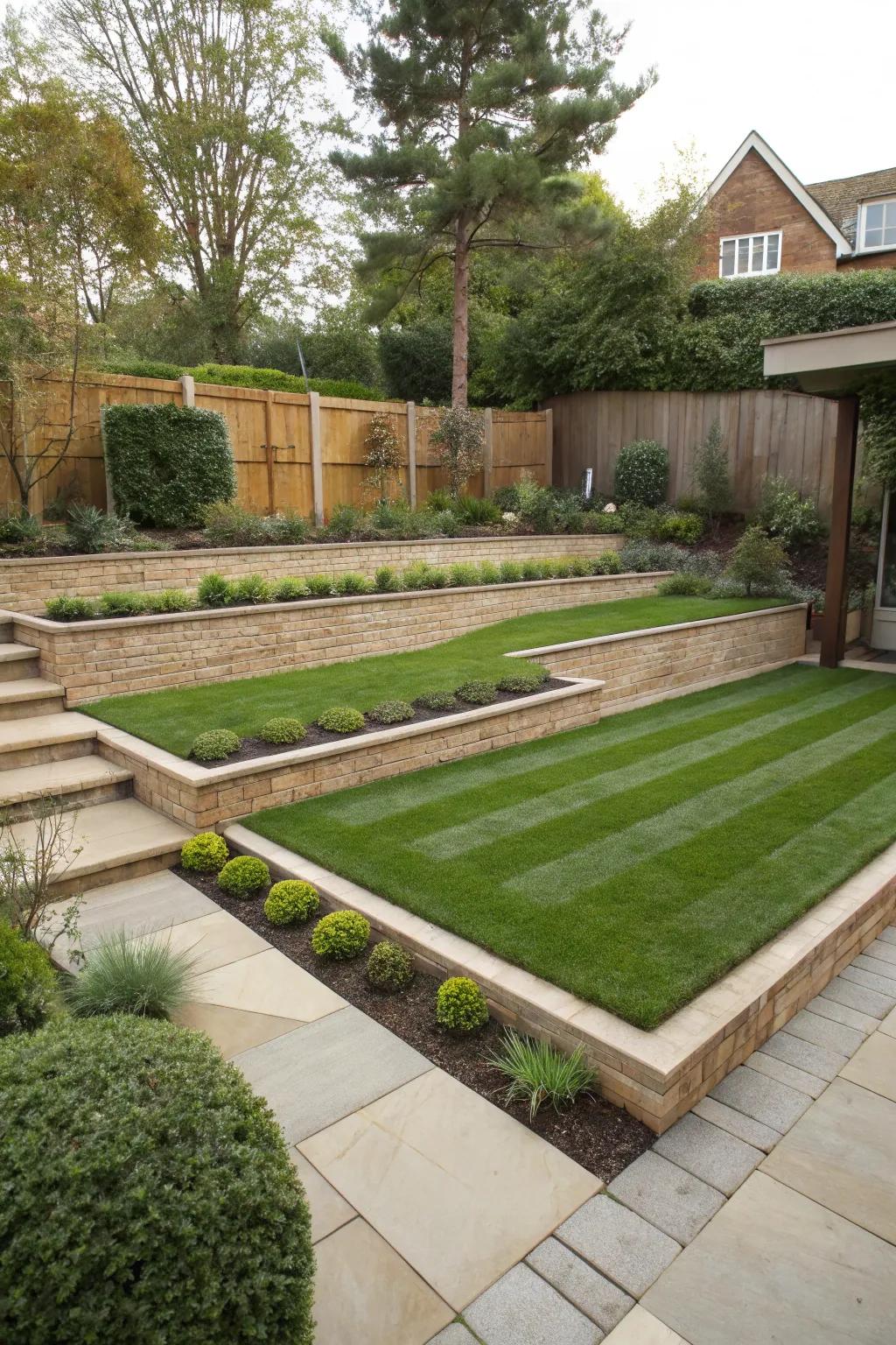 Layered lawns add texture and depth to a triangular backyard.