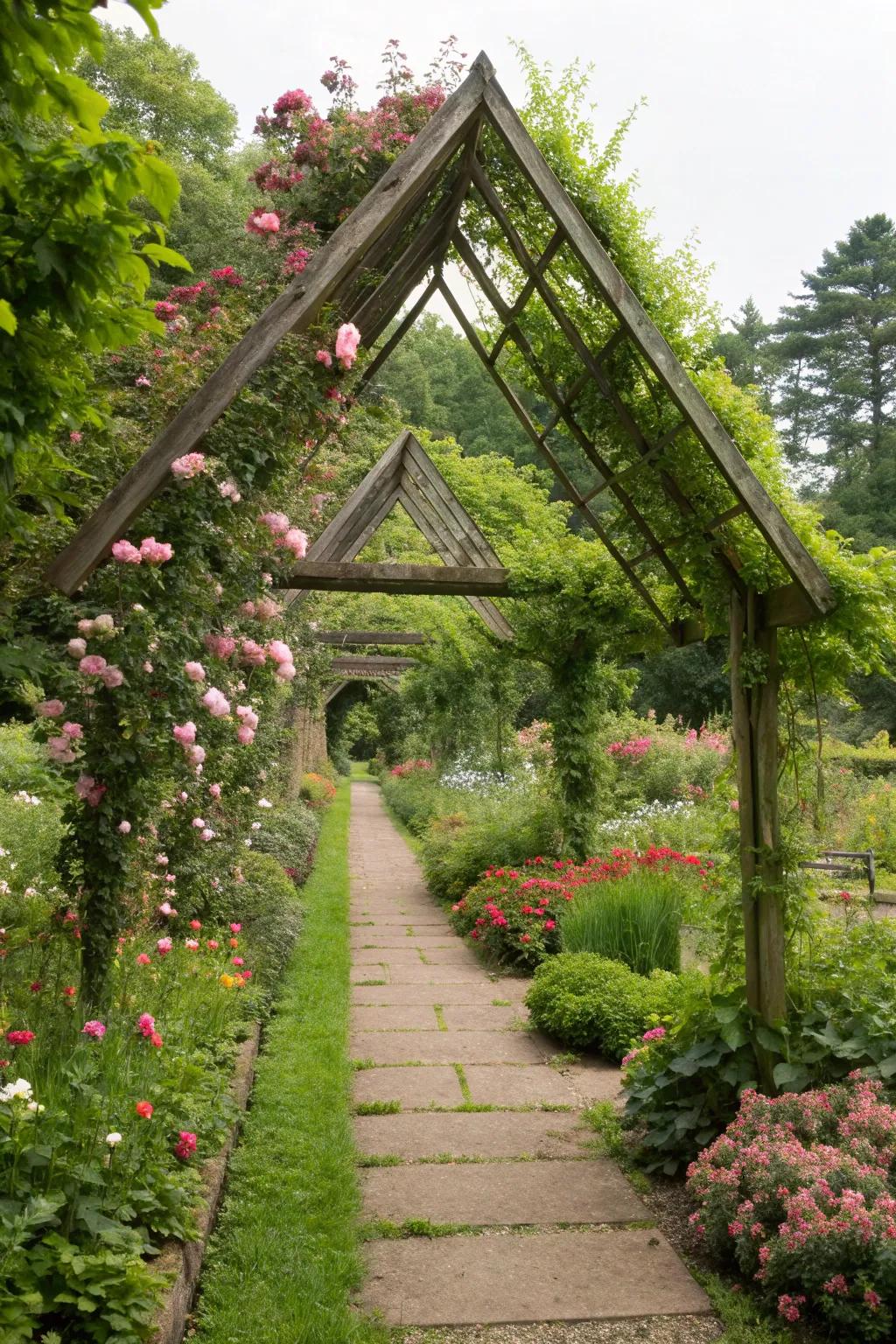 A triangle pergola perfectly integrated into a blooming garden.