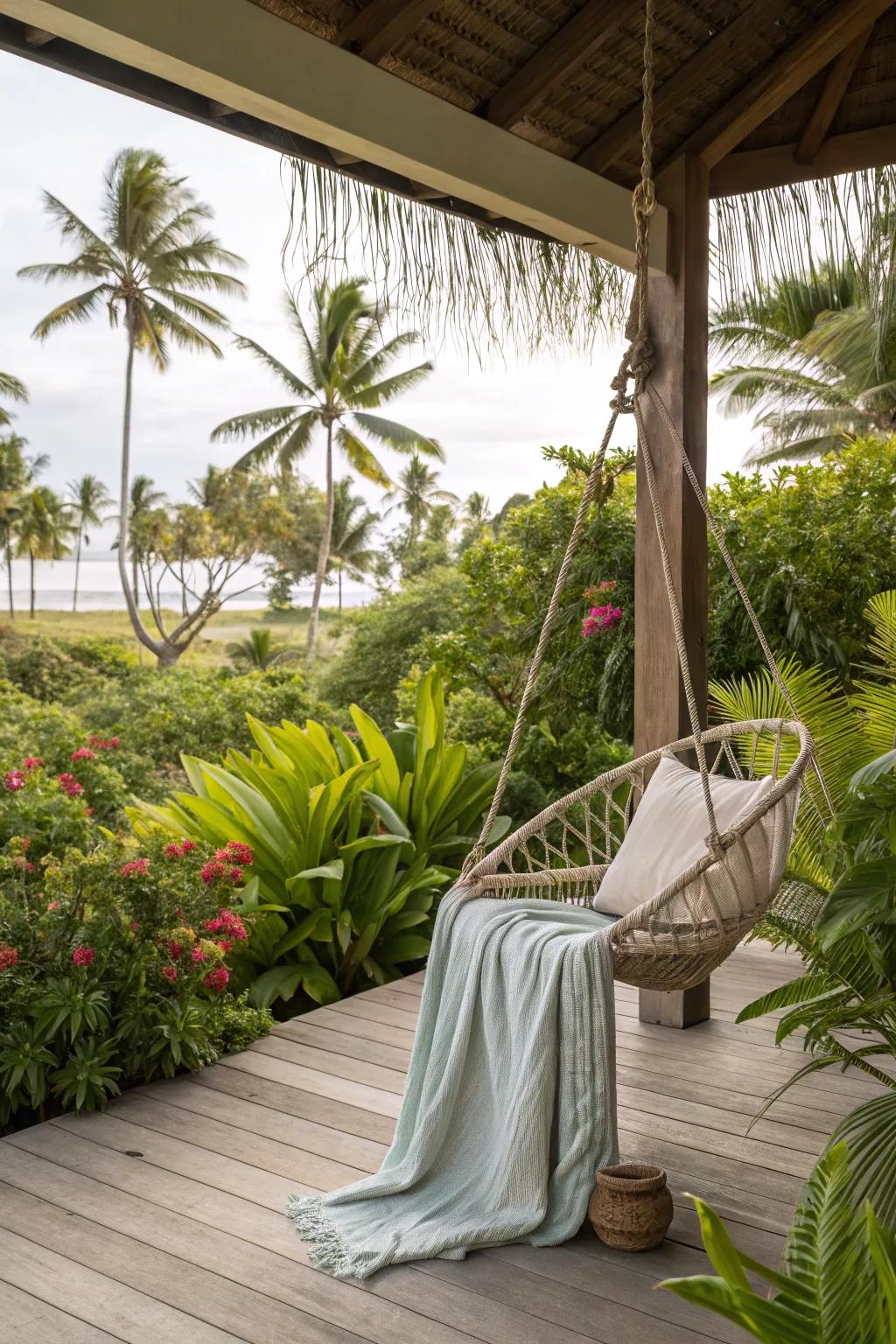 A hanging swing chair adds a playful touch to the tropical deck.