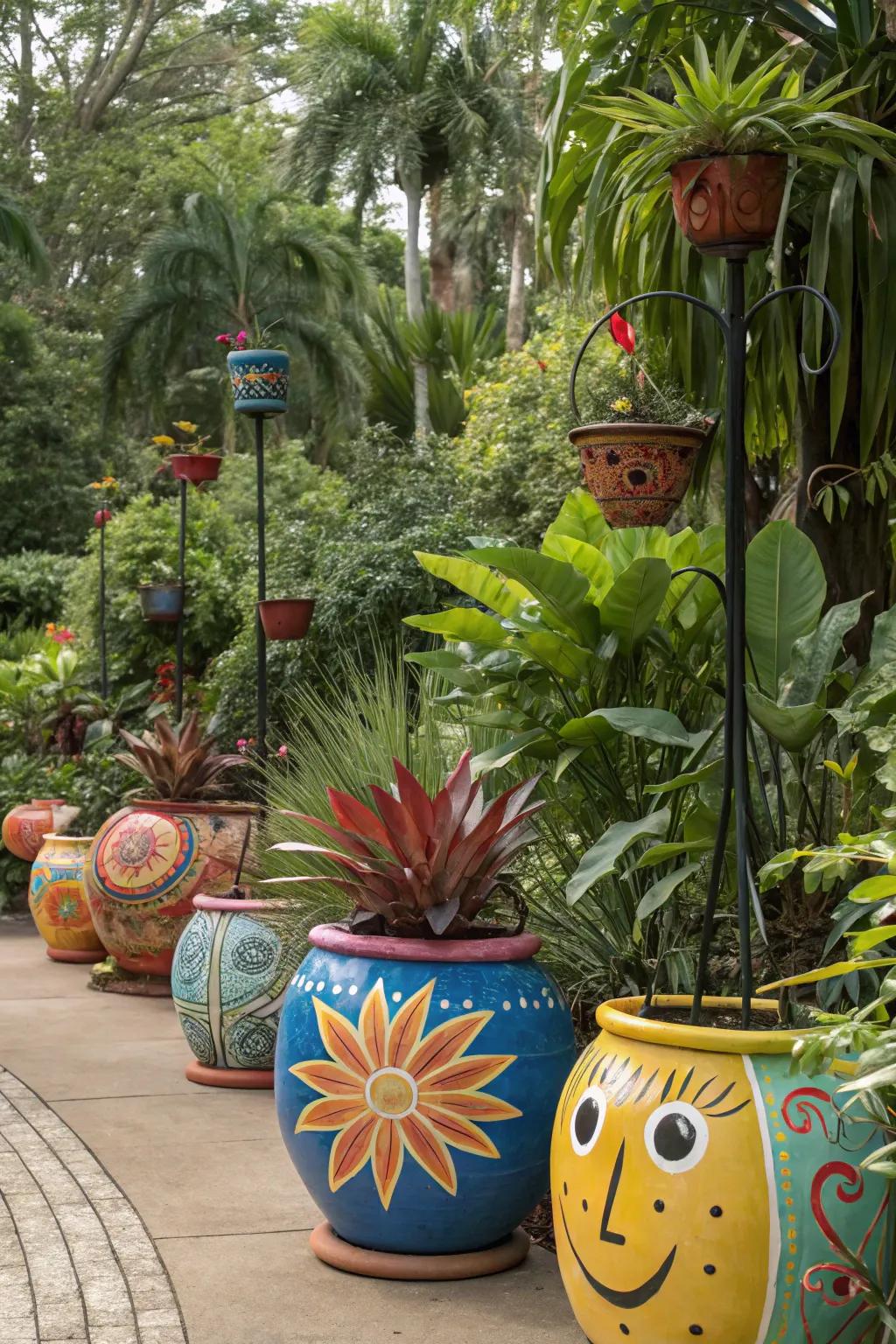 Whimsical decor adds a playful touch to your tropical garden.
