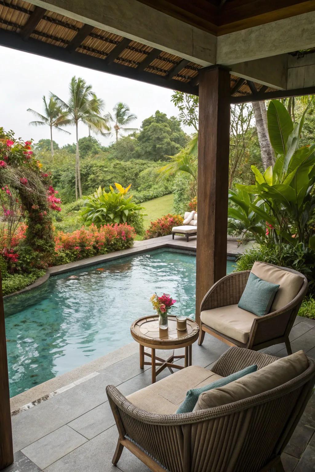 A sunken lounge area offers a luxurious spot to relax in the pool.