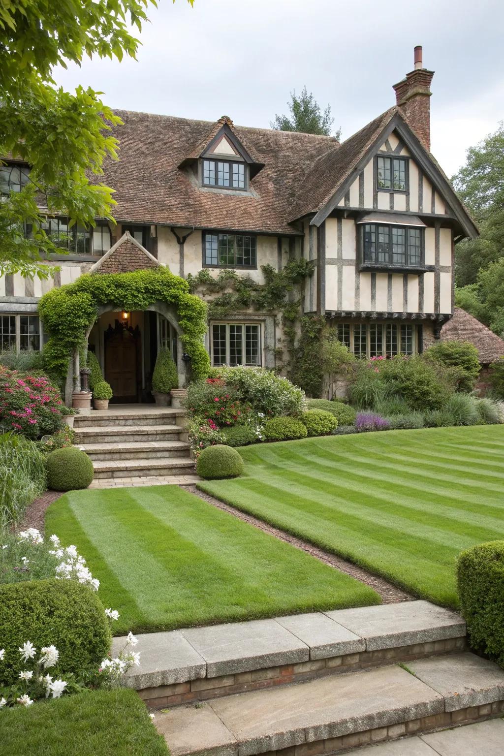 A manicured lawn provides a polished backdrop for this Tudor porch.