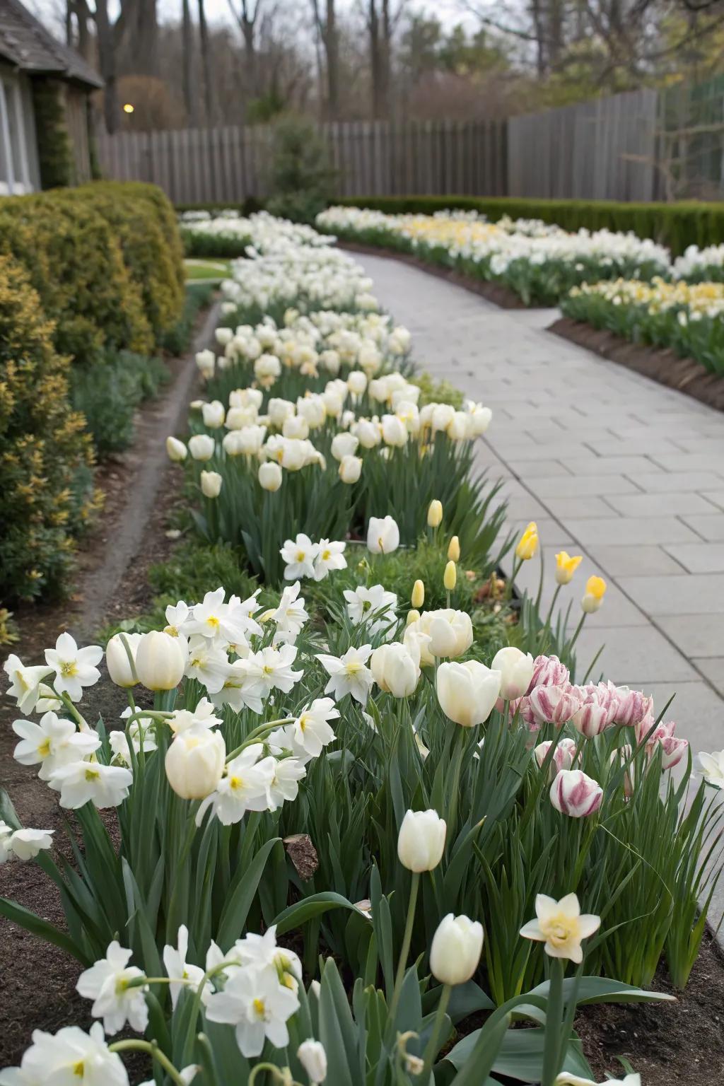 A monochromatic garden bed with tulips and daffodils in one color.