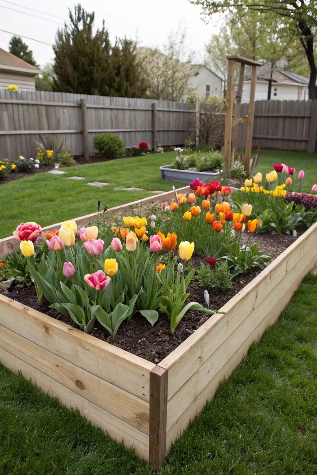 Raised beds showcase tulips beautifully while offering practical benefits.