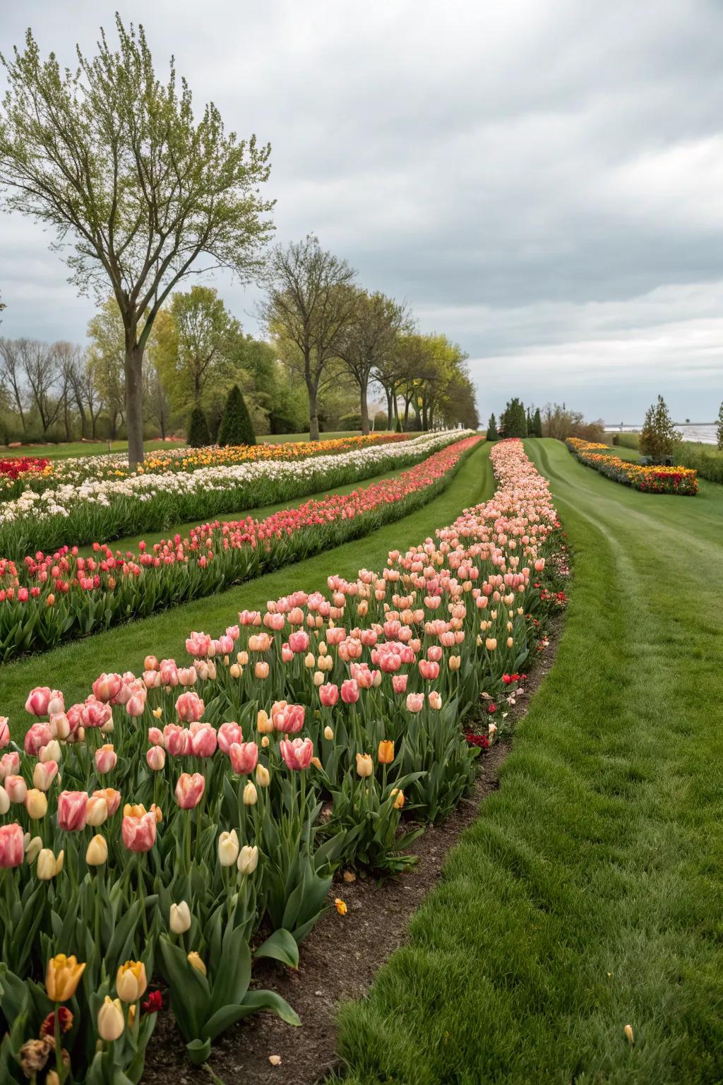 A stunning tulip carpet transforming the lawn.