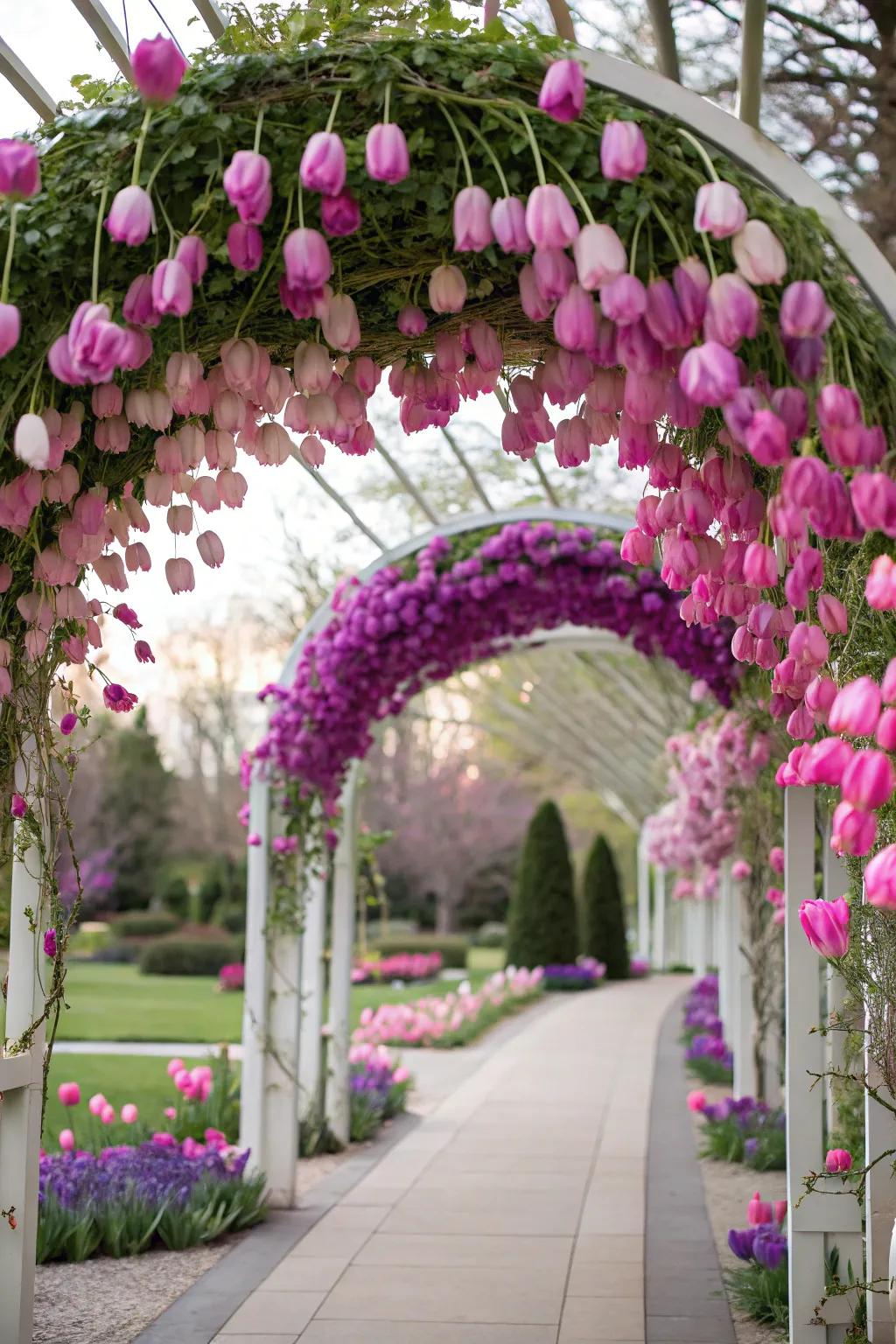 A garden archway adorned with tulip blooms.