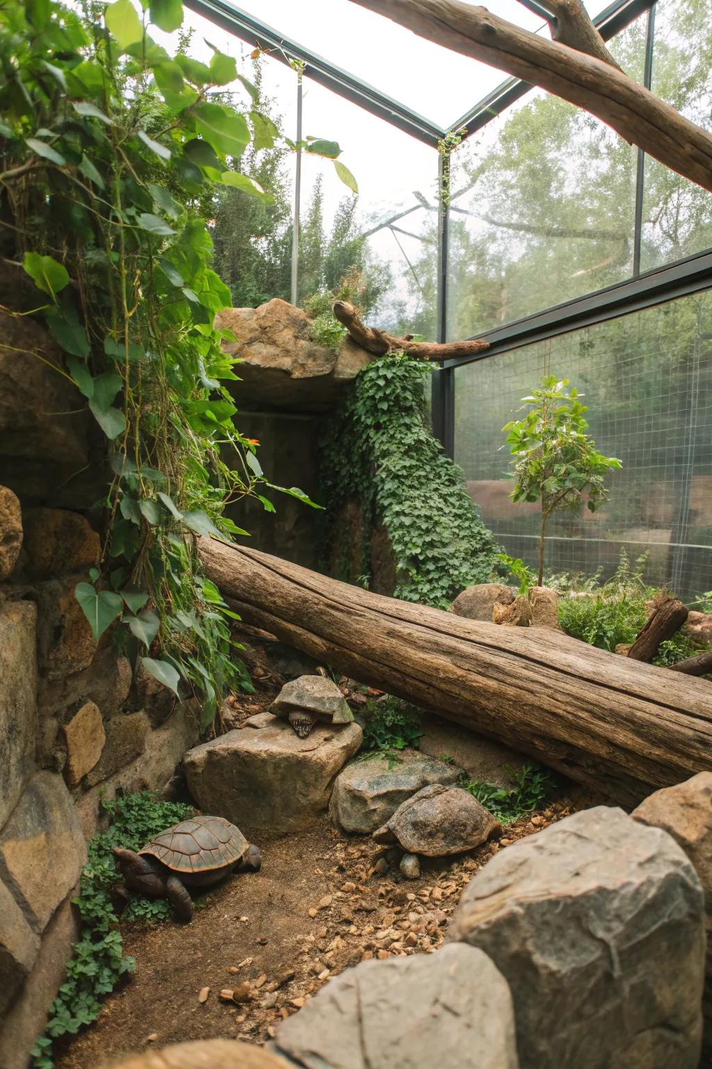 A turtle habitat featuring exciting climbing structures.