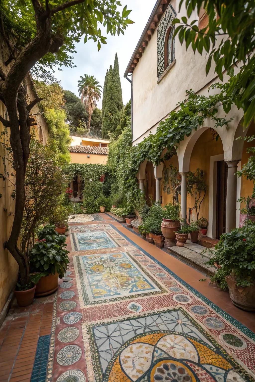 Mosaic pathways add vibrant detail to this Tuscan courtyard.