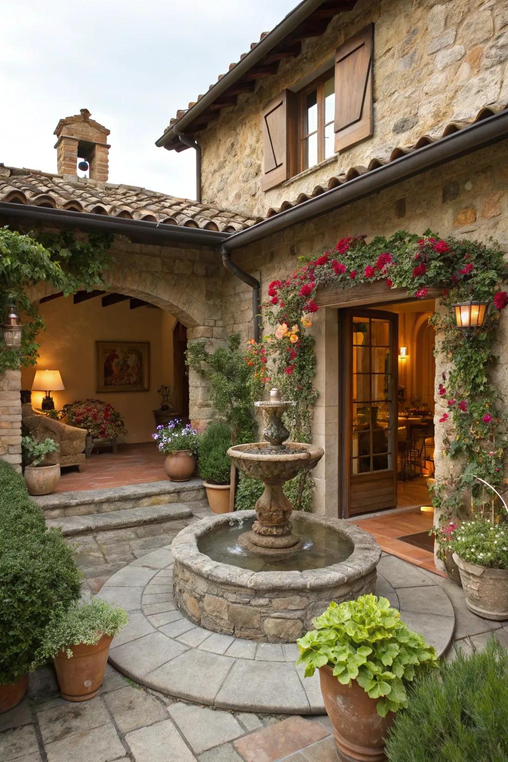 A calming water feature adds serenity to the Tuscan porch.