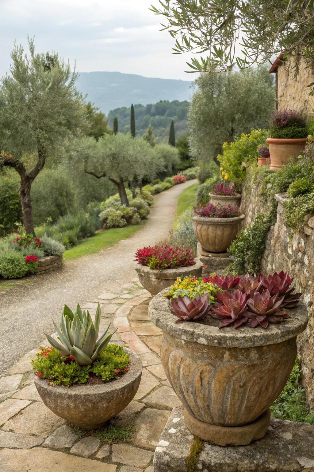 Stone planters add texture and a historical feel.