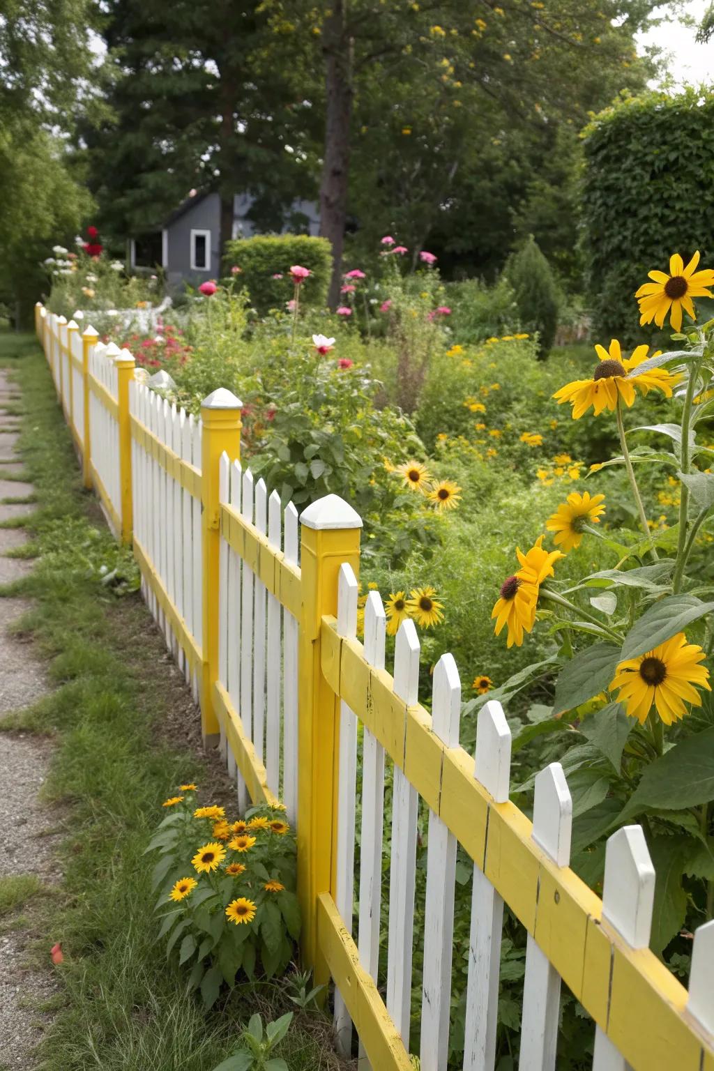 Yellow and white fence adding cheerful charm to a garden.
