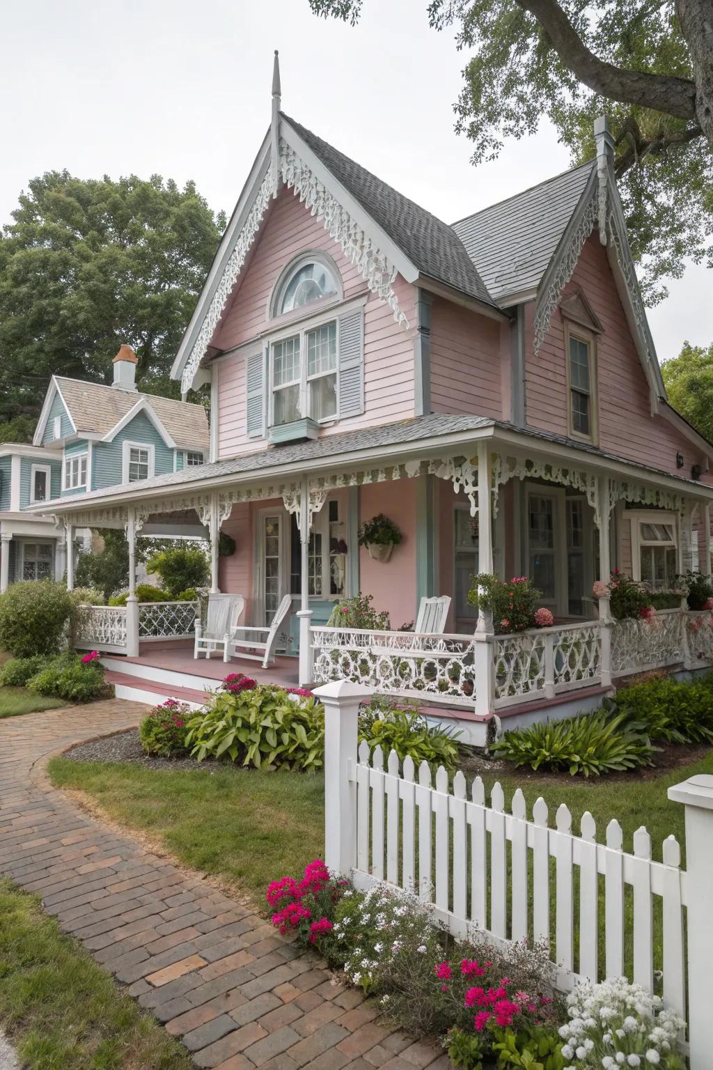 Pastel pink and gray create a charming and inviting cottage exterior.