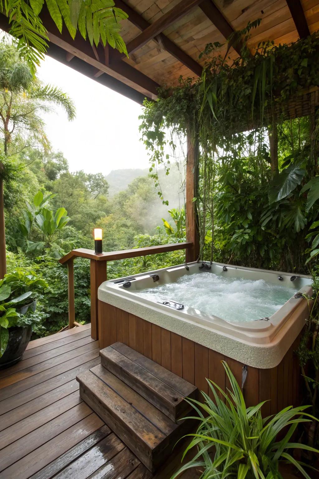 Tropical plants create an exotic retreat around the hot tub.
