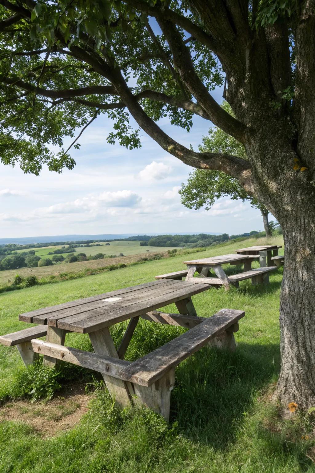 Rustic benches provide quaint and cozy seating.