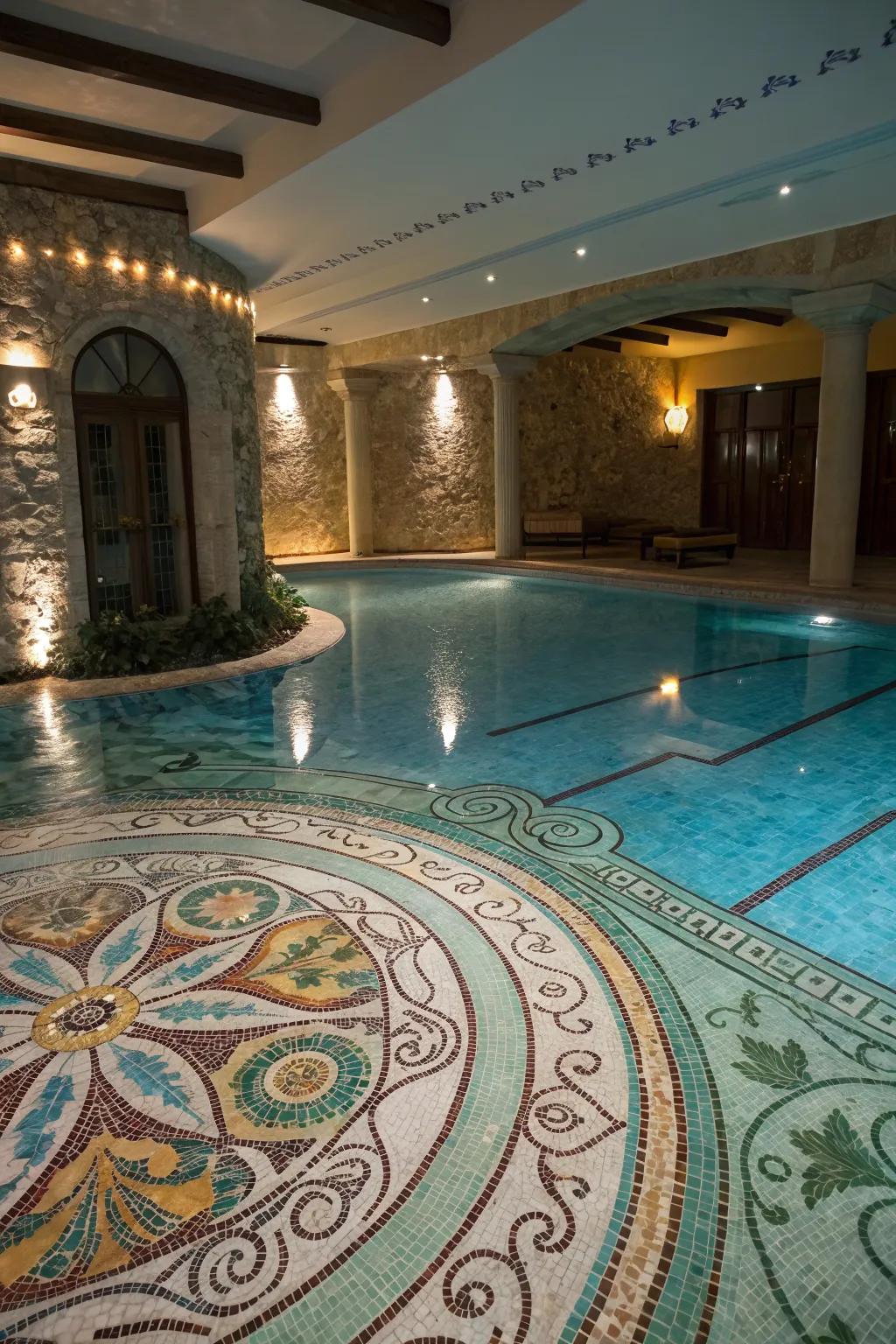A stunning underwater mosaic adds an artistic flair to the pool.