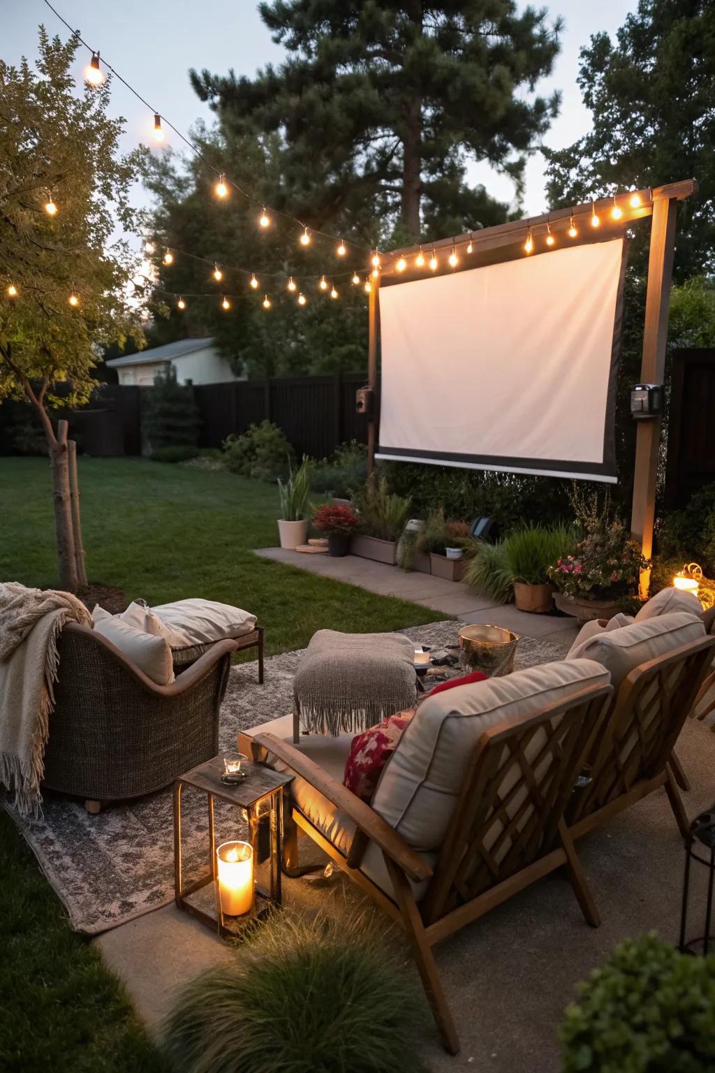 An outdoor movie screen transforms the backyard into a cinema.