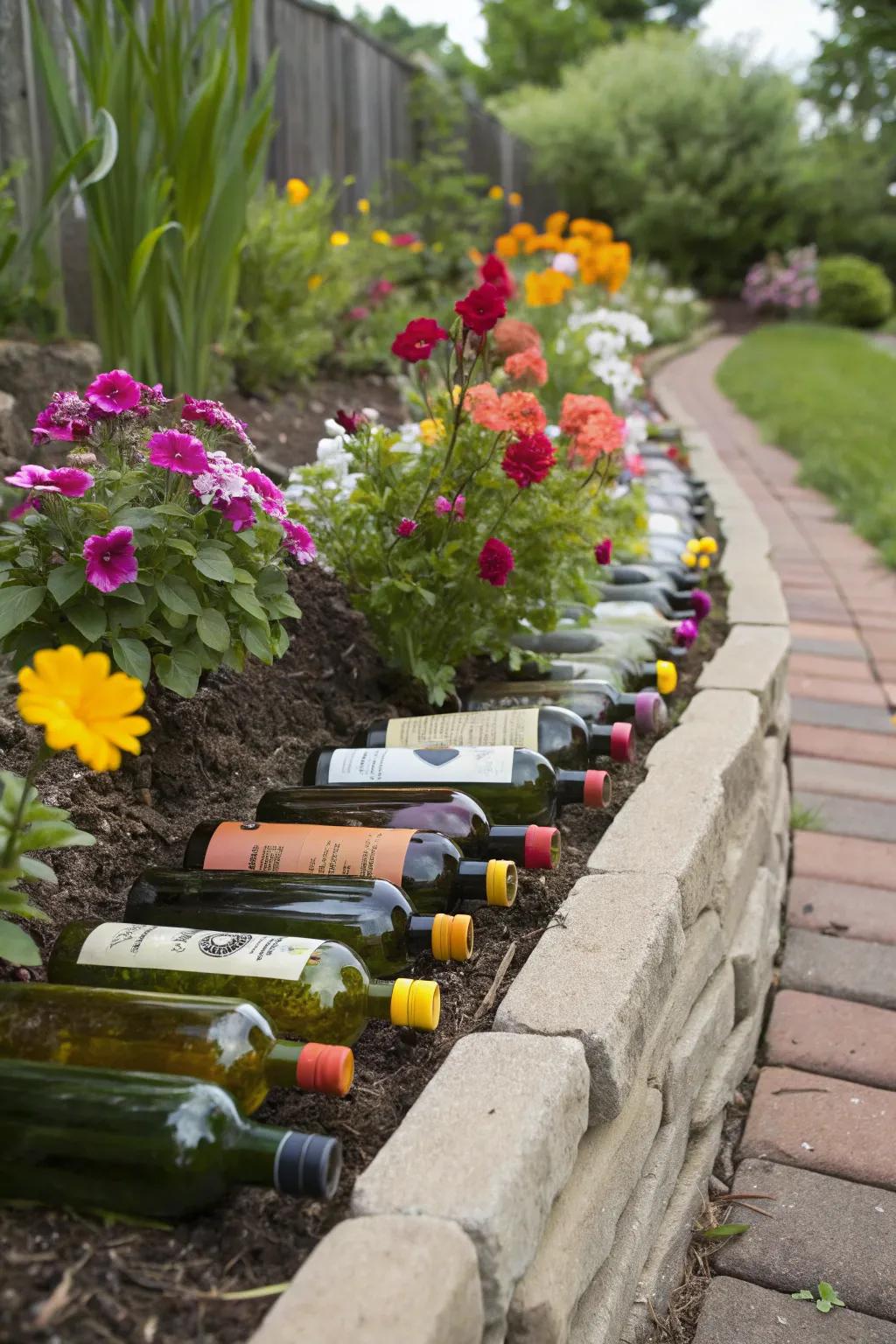 Upturned wine bottles create a whimsical and colorful garden border.
