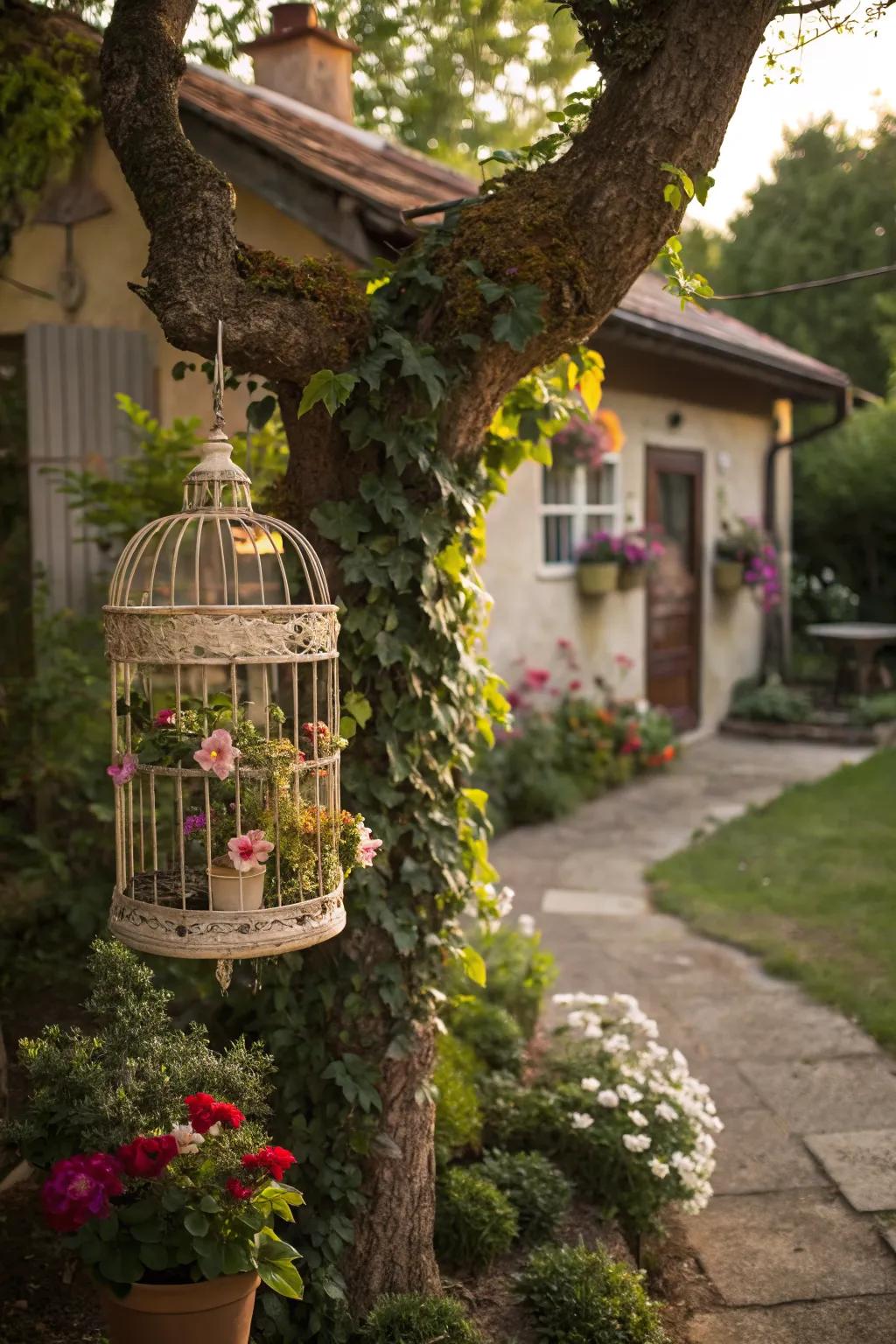 A birdcage planter adds vintage elegance to any space.