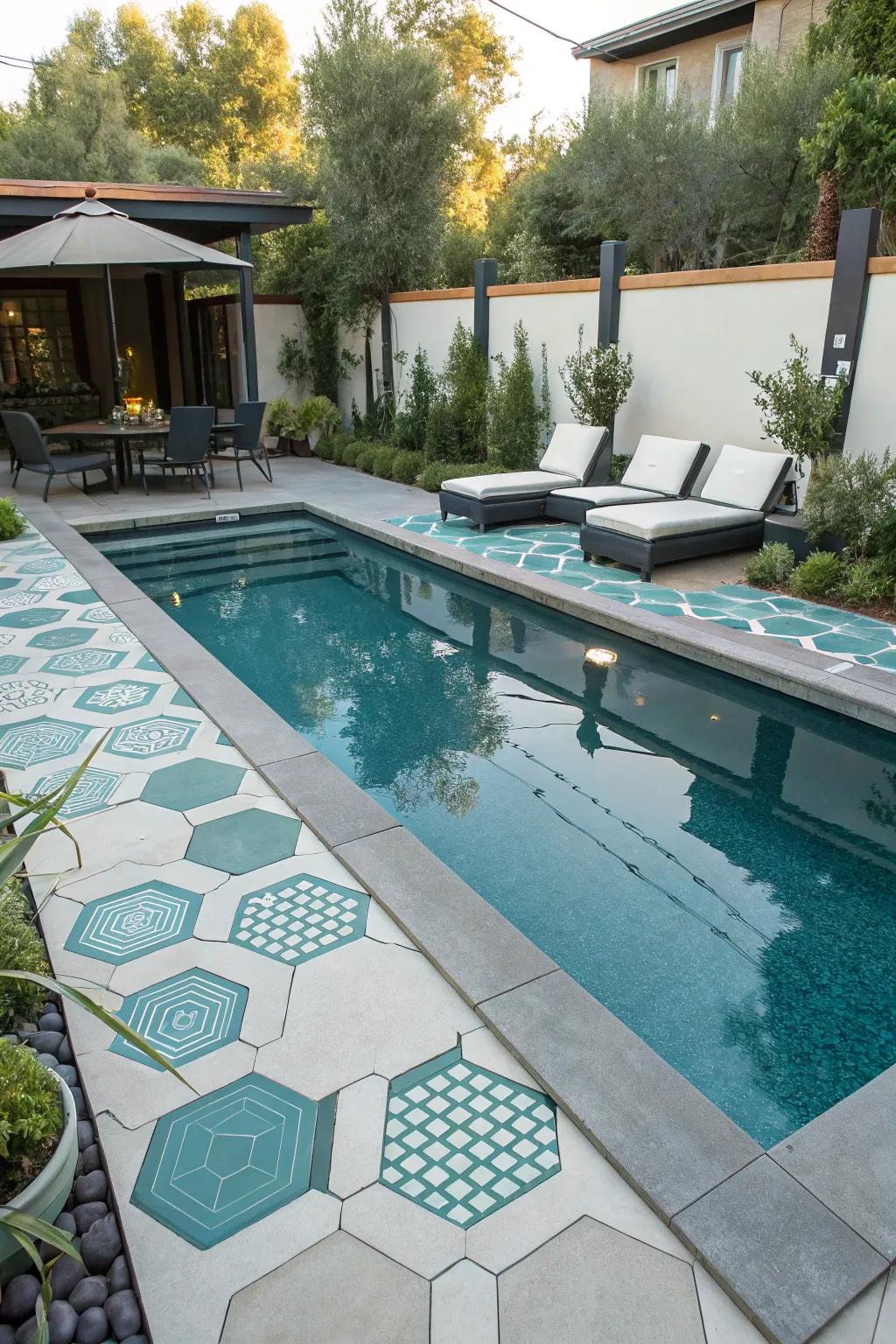 A pool with geometric paint design featuring hexagons.