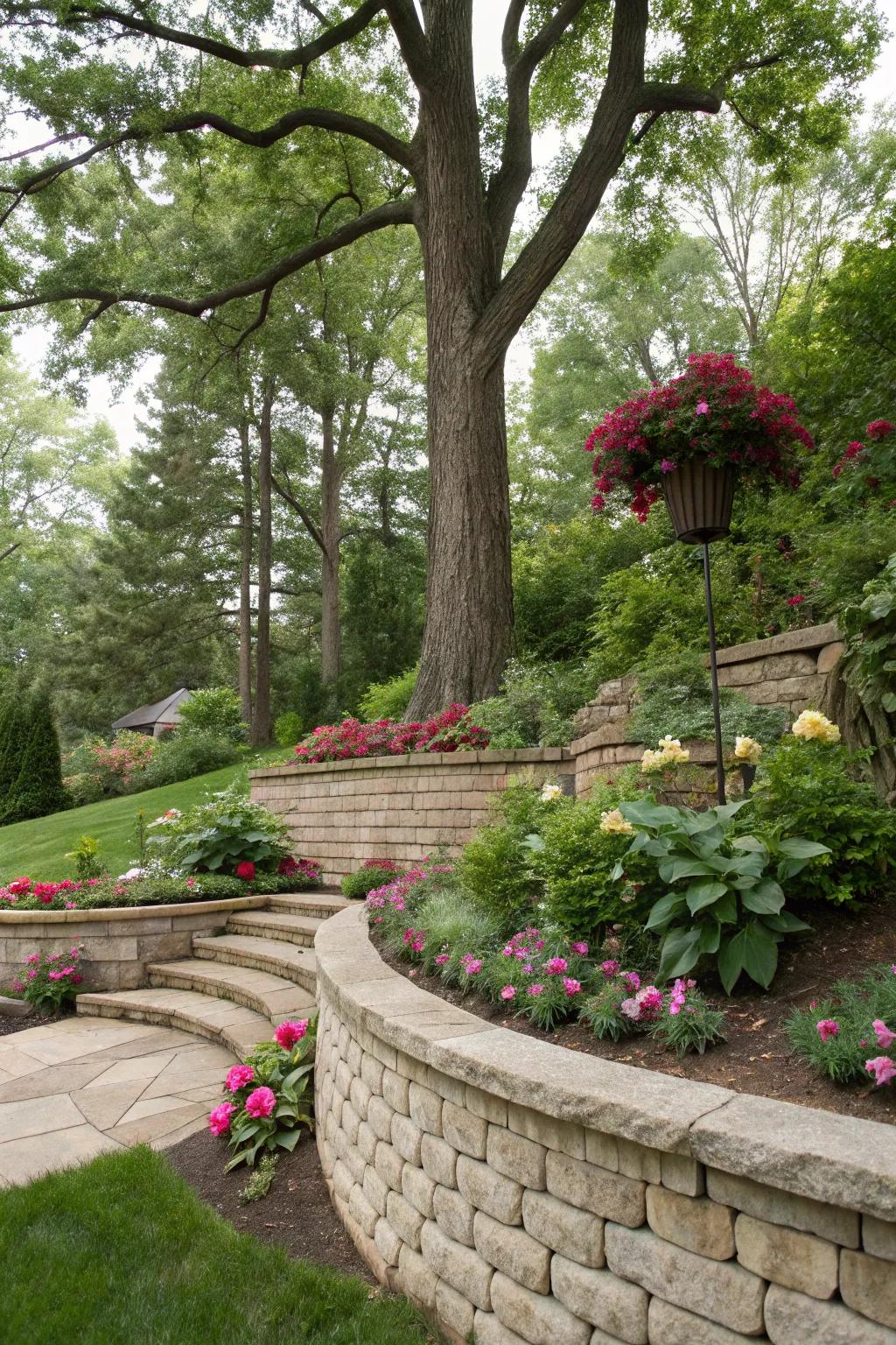 Tree spotlighted by a circular retaining wall