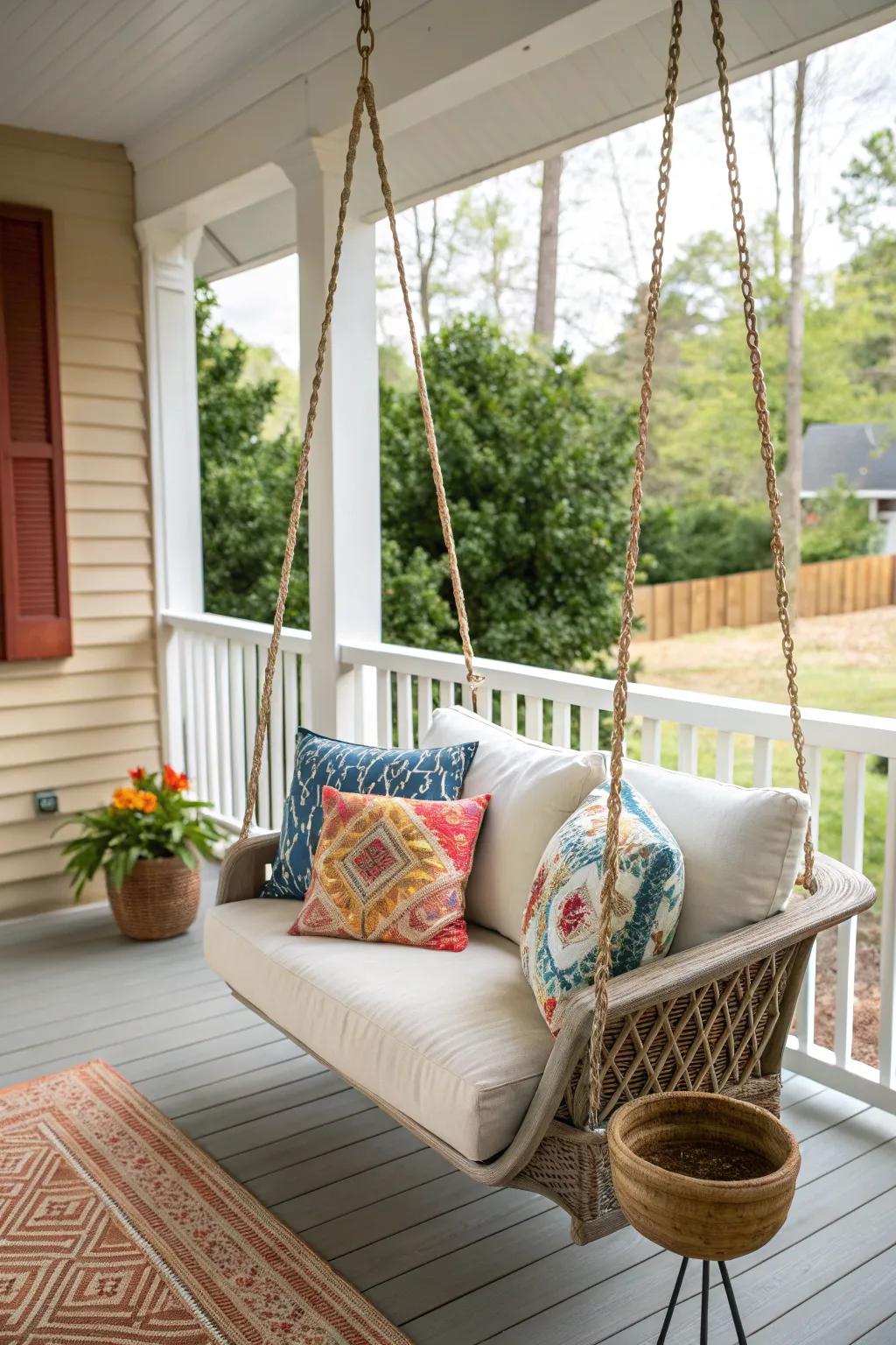 A swinging chair adds a playful touch to your porch.