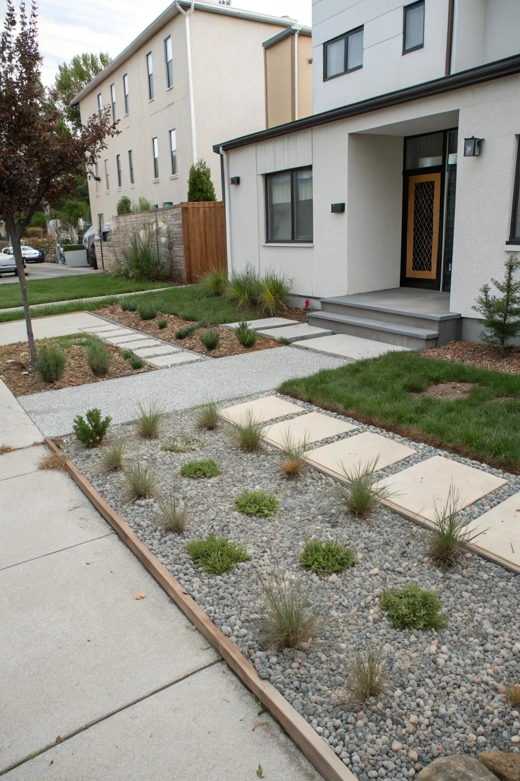 Functional gravel areas offer a chic, low-maintenance solution.