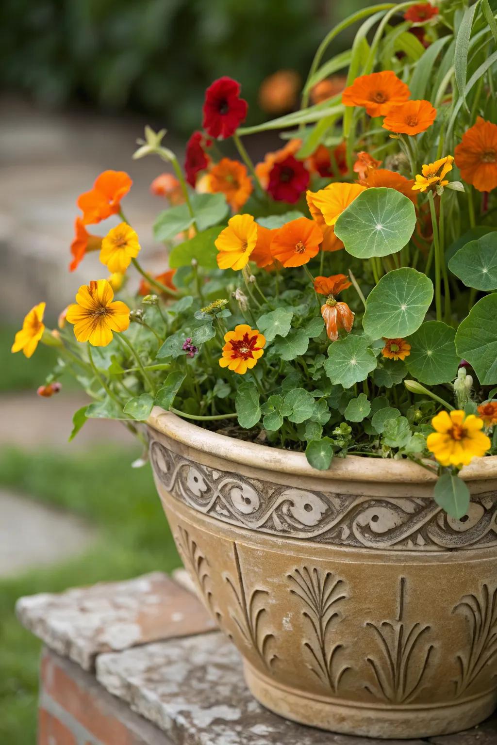 Vibrant edible flowers adding charm to a container garden.