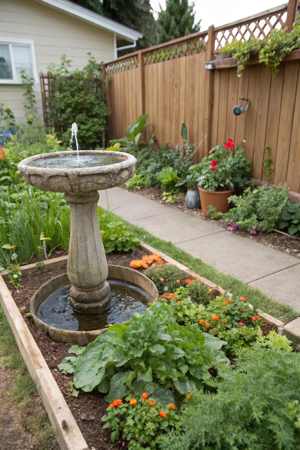 A birdbath adding charm to a vegetable garden.
