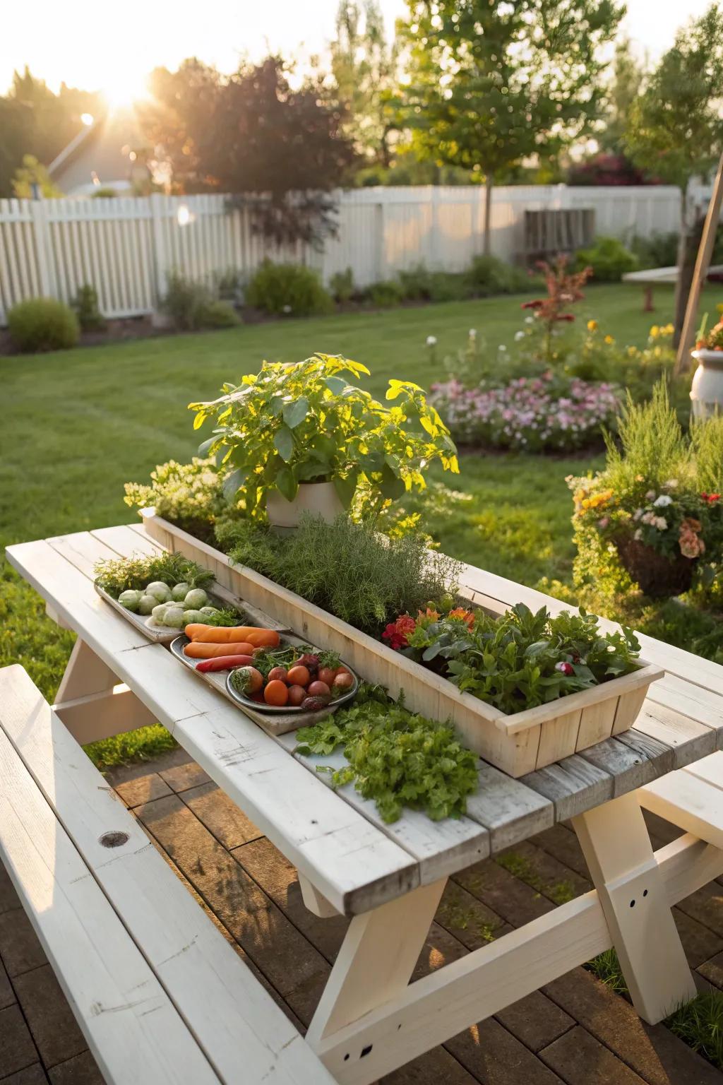 A convertible picnic table planter offers multifunctional outdoor use.