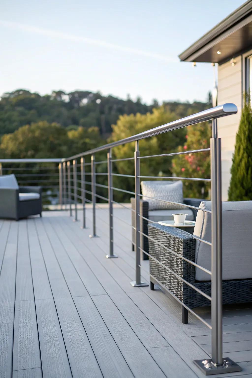 Minimalist aluminum railings complementing a modern deck.