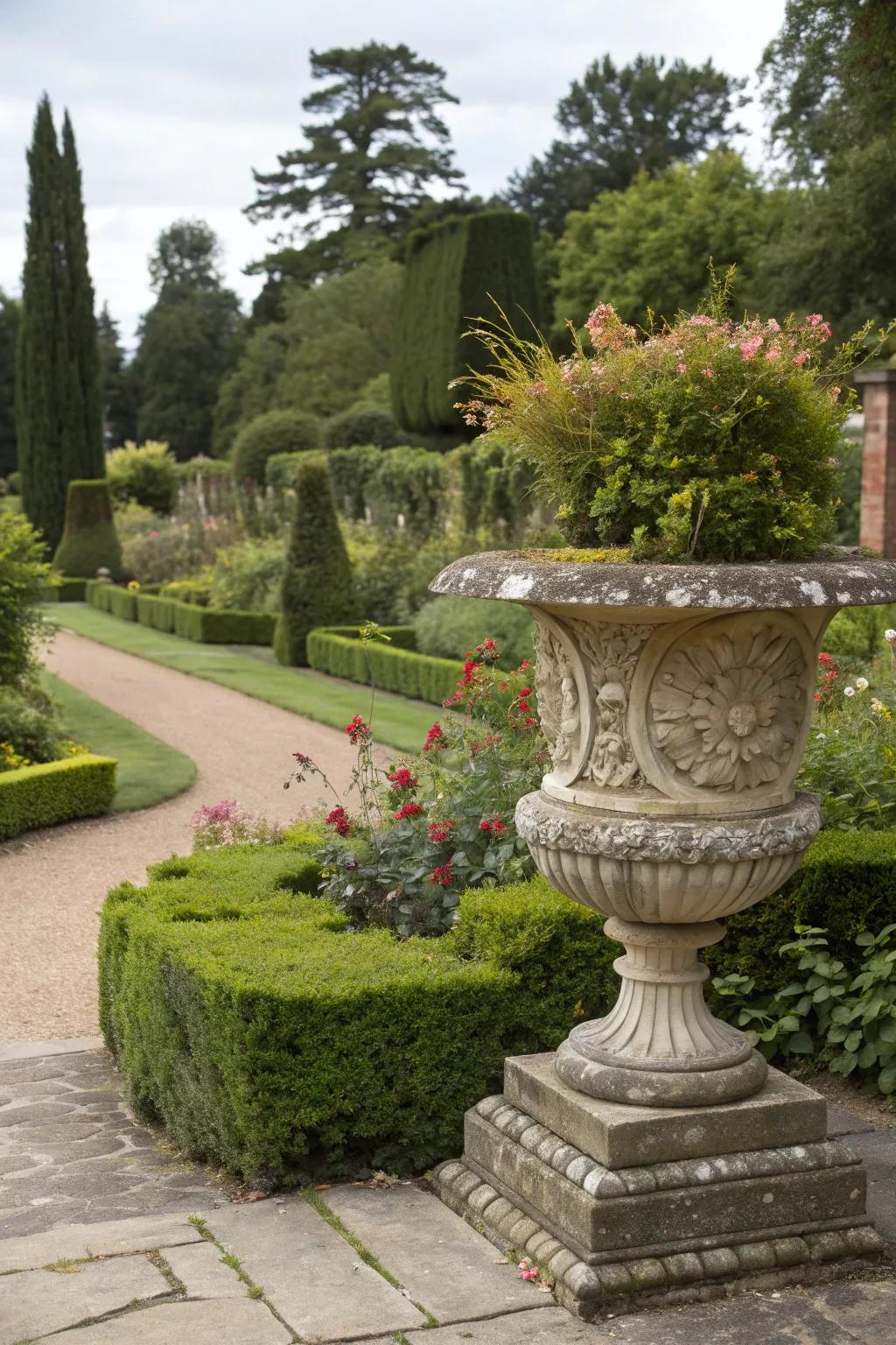 Heirloom plants and urns add a historic touch to the garden.
