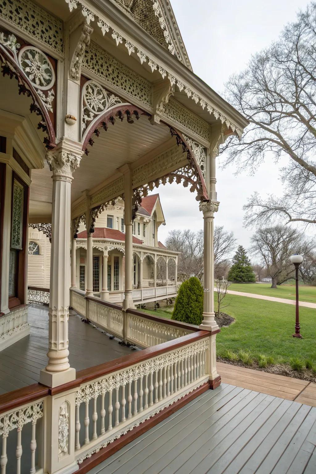 Victorian porch featuring unique roof details and intricate gingerbread trim.