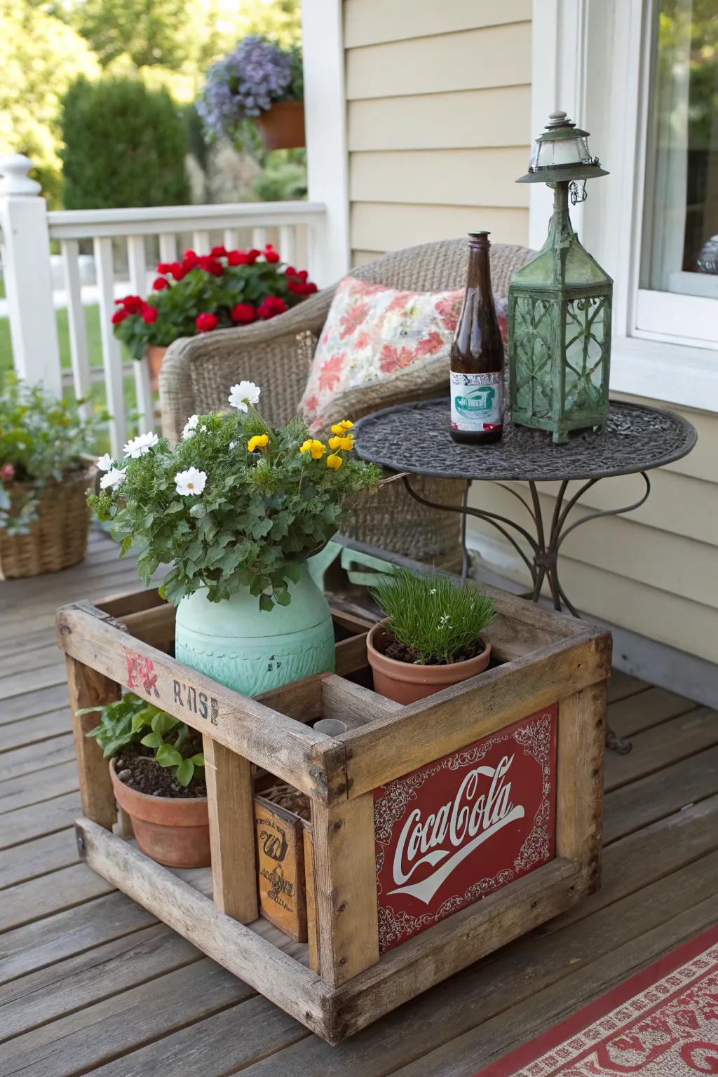 Vintage soda crates offer unique and functional decor.