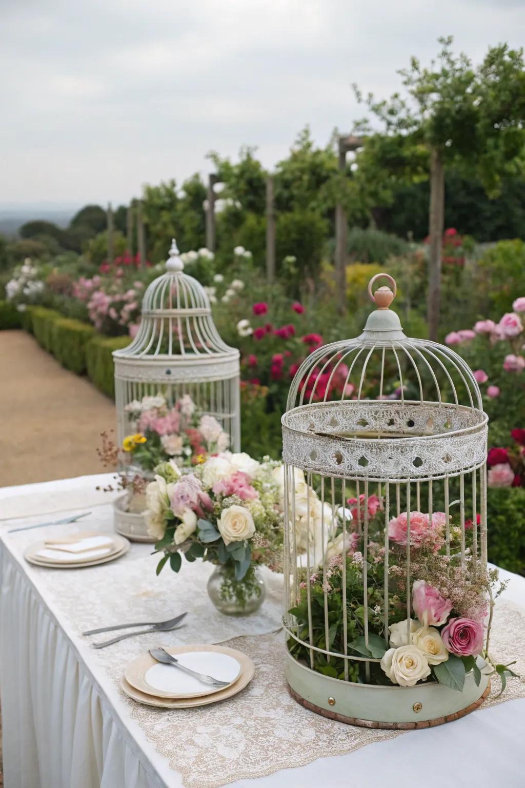 Bird cages filled with flowers make stunning centerpieces with a touch of whimsy.