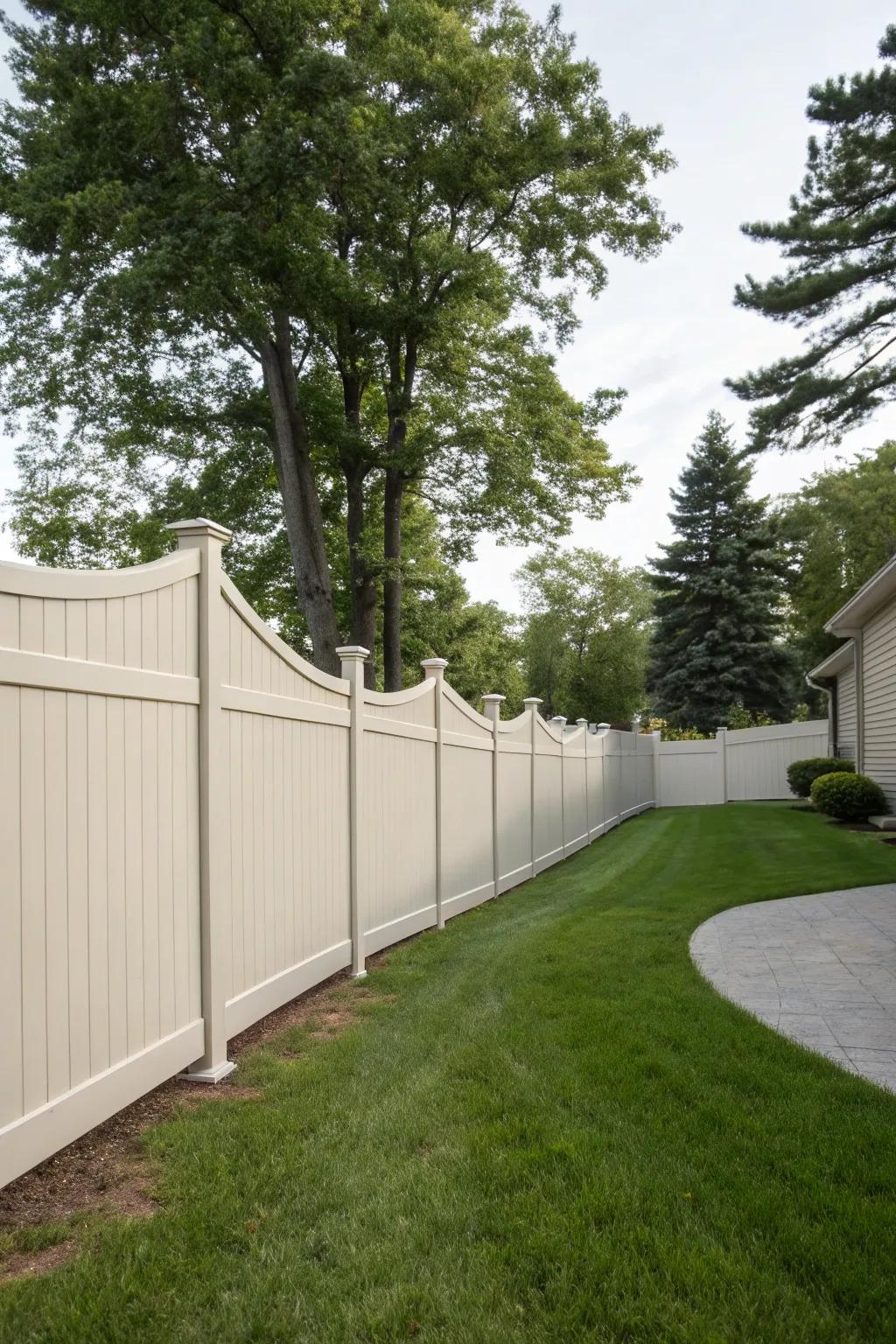 Curved lines in this vinyl fence add elegance and flow to the backyard space.