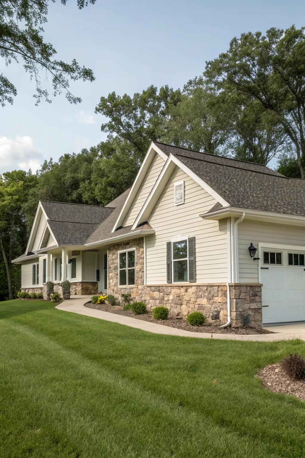 A ranch home beautifully combining vinyl siding with stone accents for added elegance.