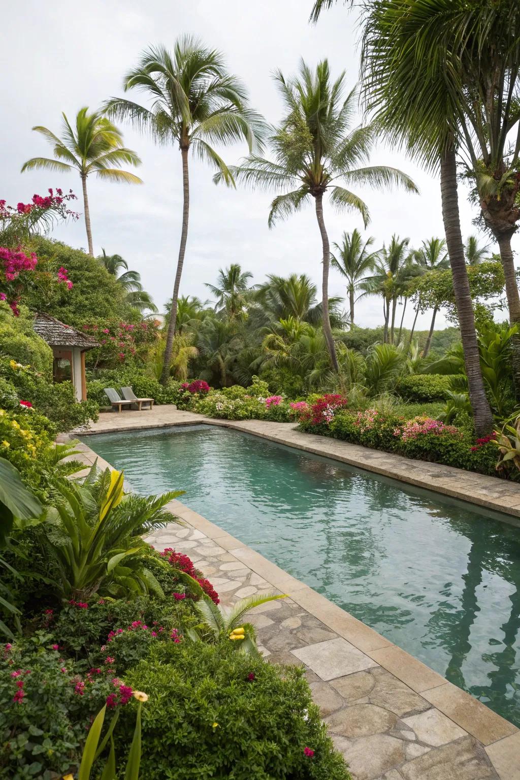 A tropical oasis with lush palms creates a vacation vibe around this wading pool.