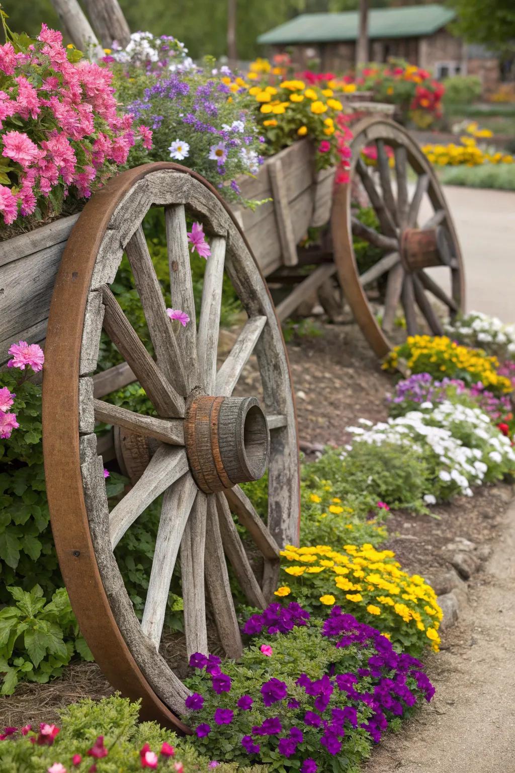 Wagon wheels nestled in a flower bed, adding rustic depth to the garden.