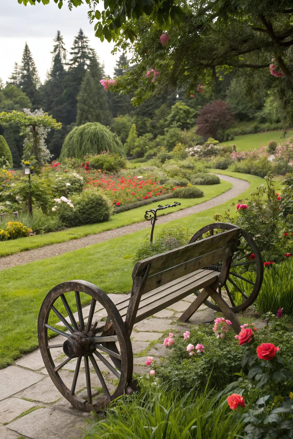 A rustic garden bench supported by wagon wheels.