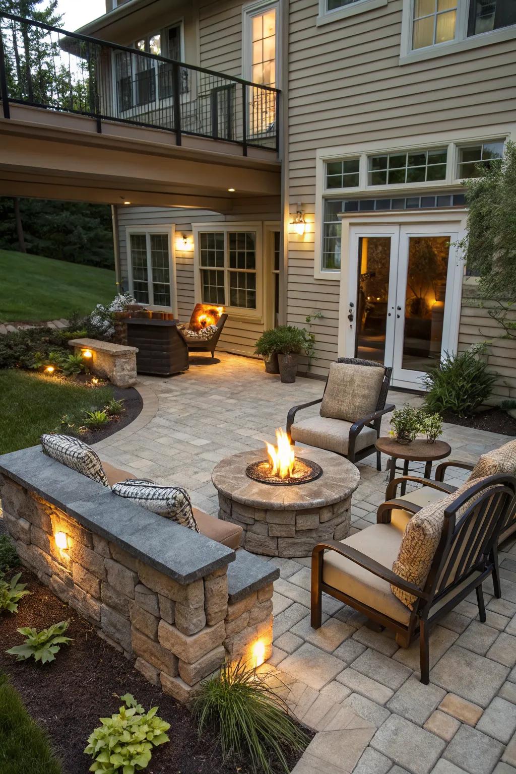 An outdoor fireplace serves as a warm and charming gathering spot on a walkout basement patio.