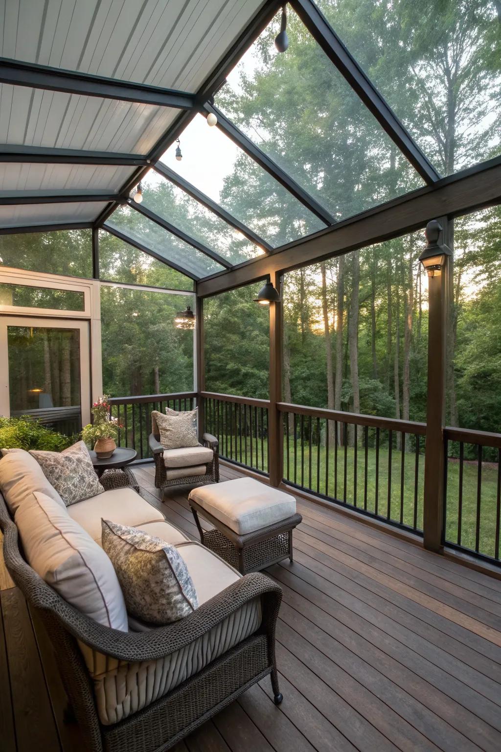 A partially enclosed deck with glass walls and comfy seating.